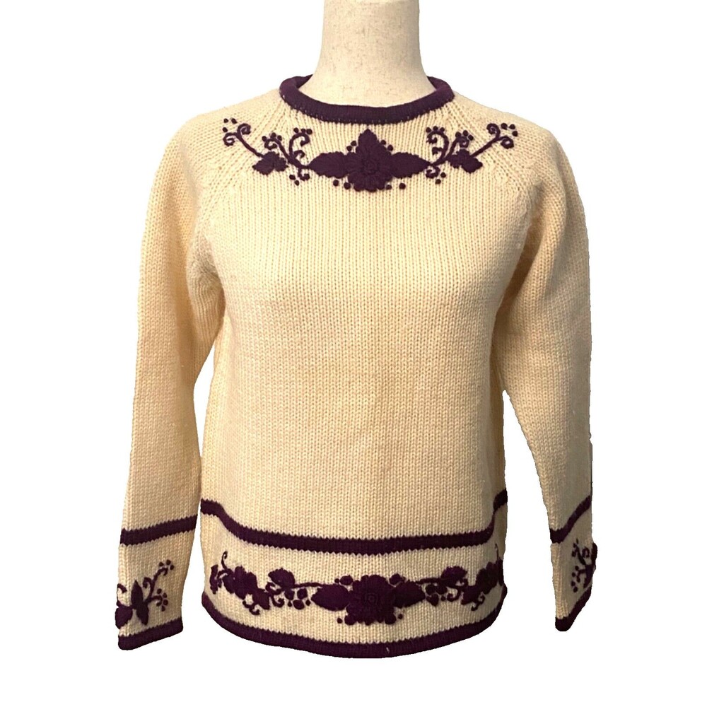 Vtg Womens M/L Hand Knit Sweater Ivory Purple Floral Appliqué Granny Cottagecore